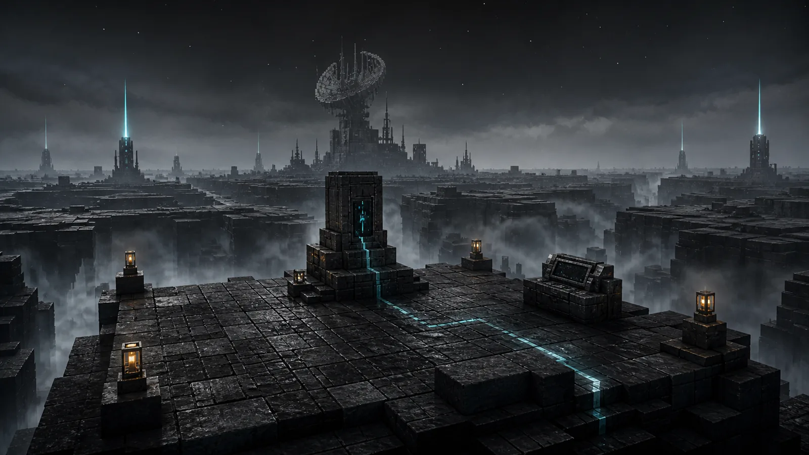 The AFTERLIGHT Far Relay rising beyond a dark stone signal platform
